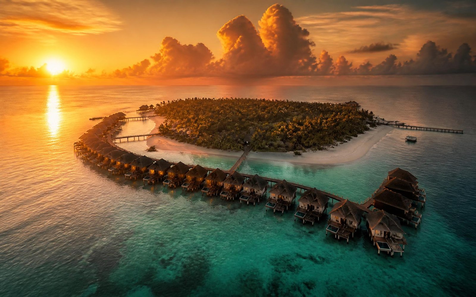 Aerial view of a Maldives resort at sunset